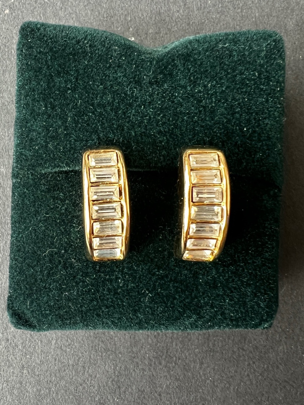 Vintage Dior Gold Metal and Crystal Huggie Style Half Hoop Earrings Baguette